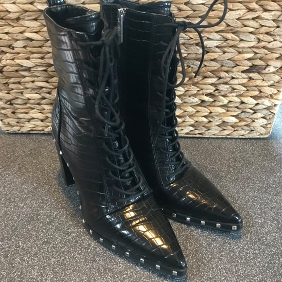Charles David "Duffy" Black Mid-Calf Pointy Studded Zip/ Lace-up Boots E… - Picture 10 of 16